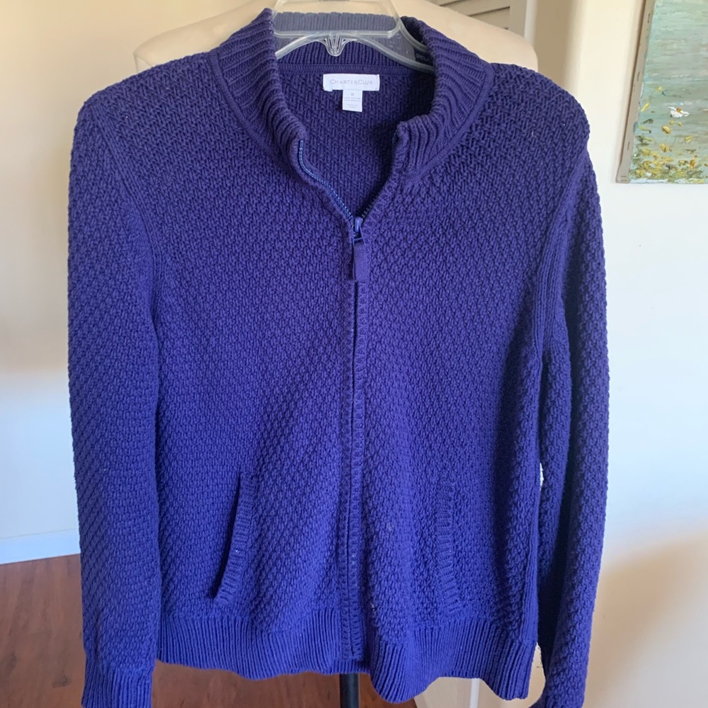 Charter Club Deep Purple  honeycomb knit zip front cardigan with pockets